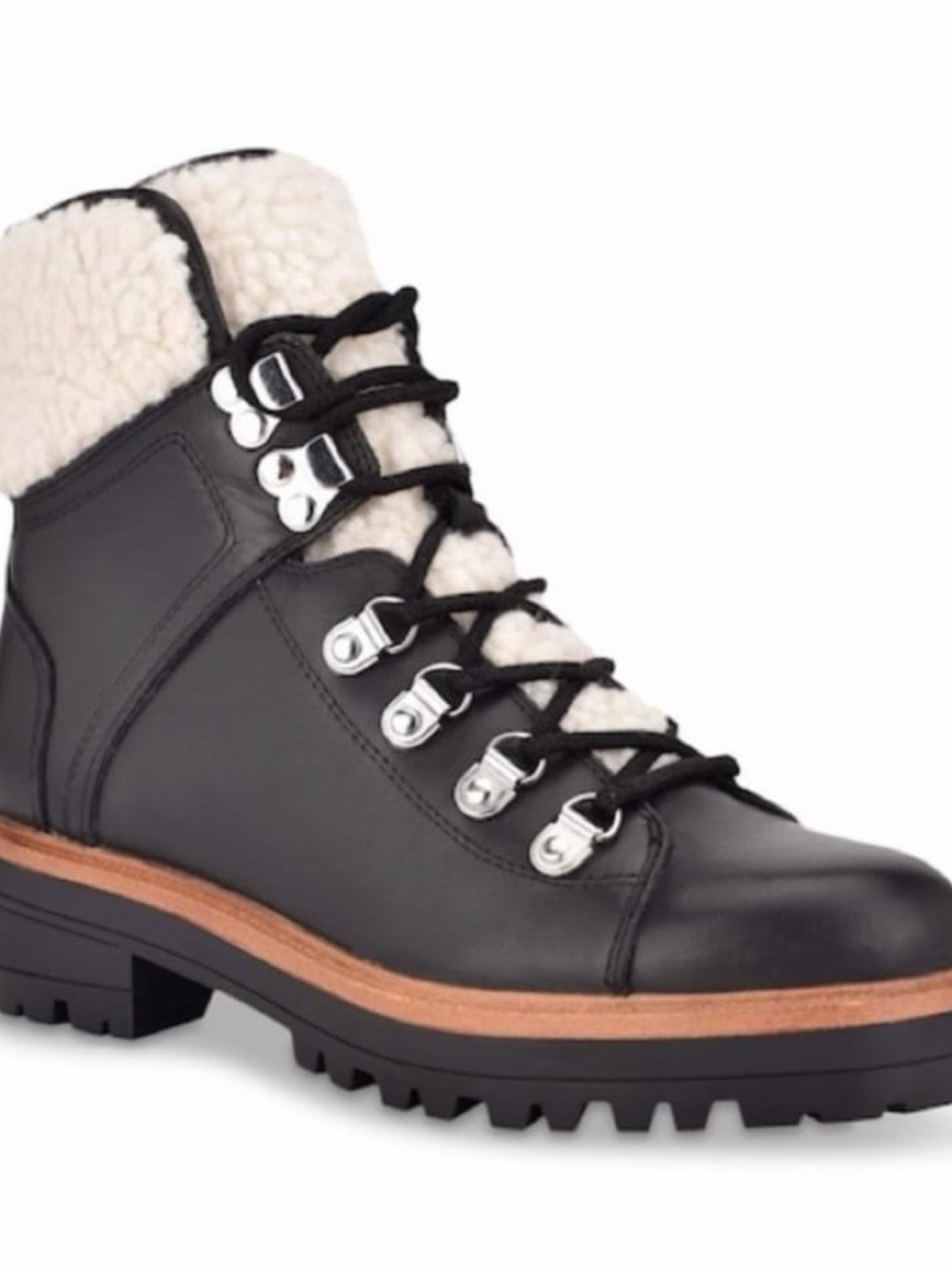 New! Marc Fisher Isalia Black Leather Shearling-Collar Lug Boot